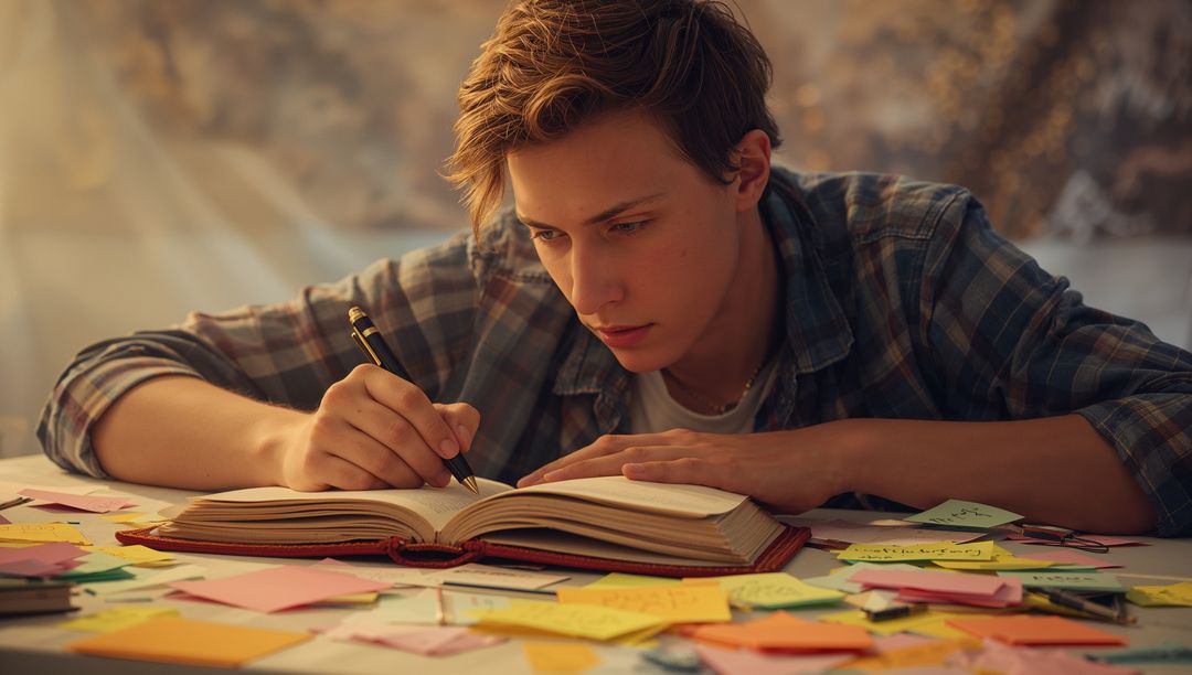 Teen in Plaid Shirt Writing in Journal at Study Desk