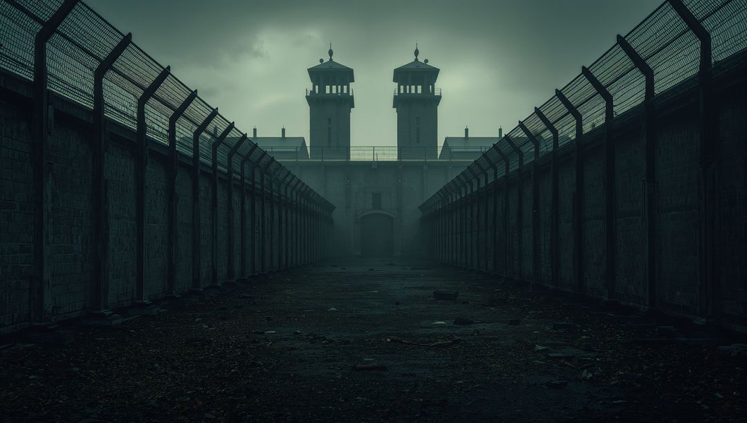 Misty Abandoned Prison Corridor with Twin Guard Towers