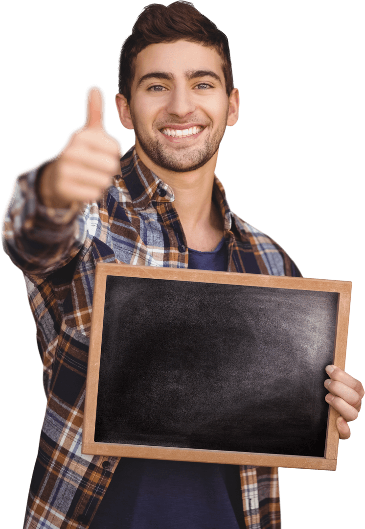 Happy Young Man with Chalkboard Giving Thumbs Up on Transparent Background
