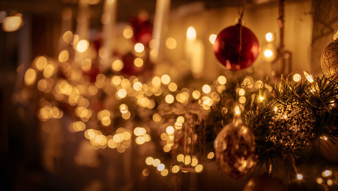 Cozy evergreen garland glowing on mantel with red and gold baubles and warm bokeh lights