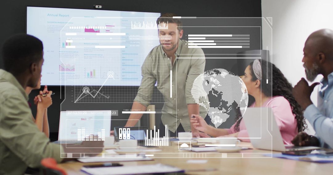 Diverse Team Analyzing Digital financial data in Office Meeting Room