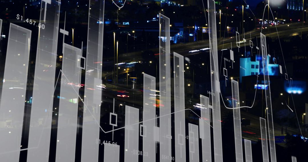 Financial Data and Cityscape Overlay at Night