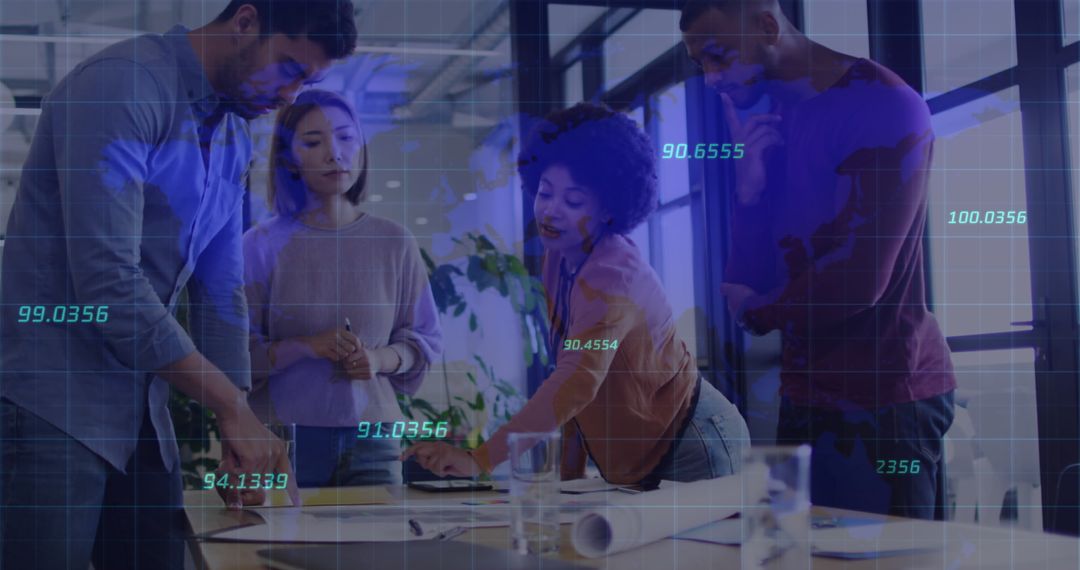 Diverse Team Collaborating with Data Metrics Overlay in Modern Office