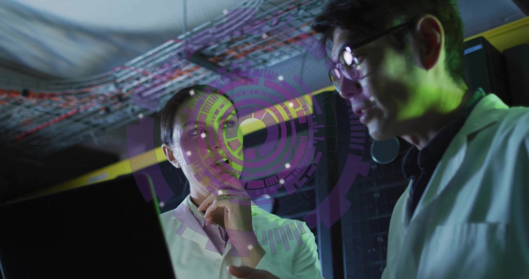 Two Scientists Collaborating with Futuristic Holographic Interface in Server Room
