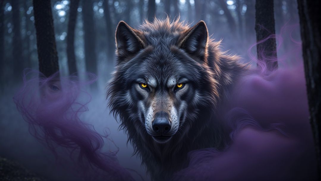 Mysterious gray werewolf in misty forest with magical aura