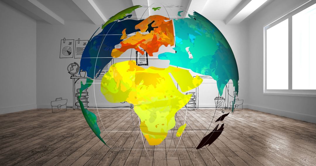 Abstract Globe and Icons in Empty Room Environment