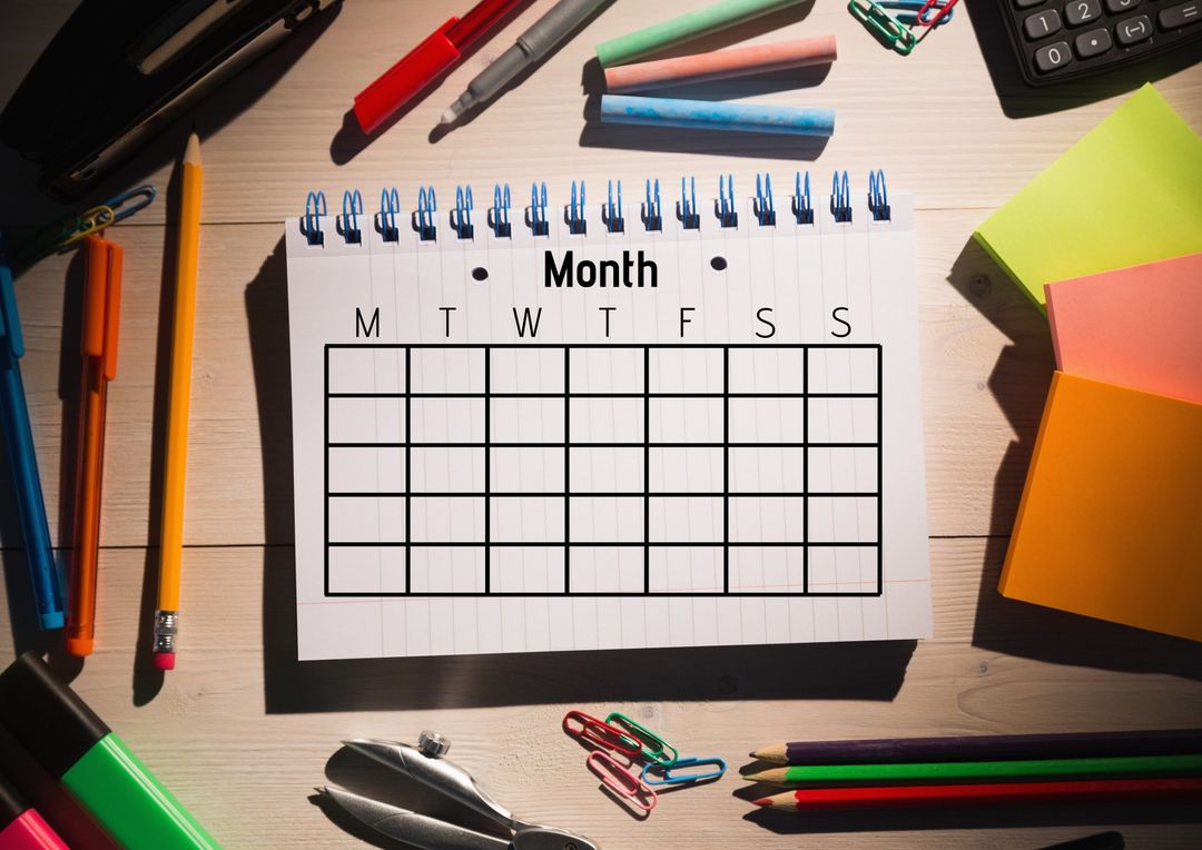 Blank Monthly Calendar with Office Supplies for Easy Planning