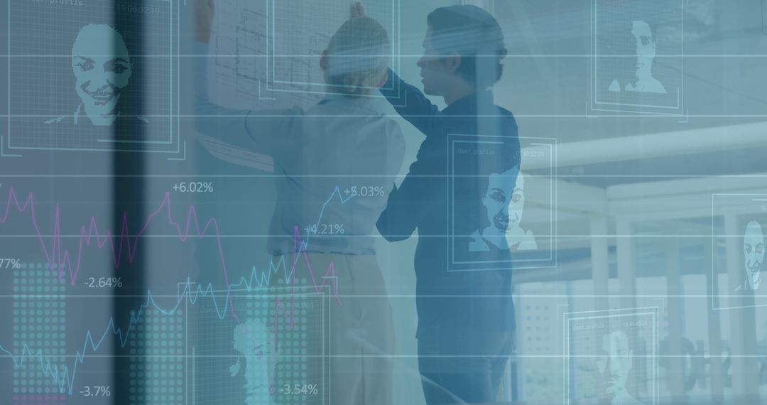 Diverse Coworkers Analyzing Reports with Digital Graphics Overlay