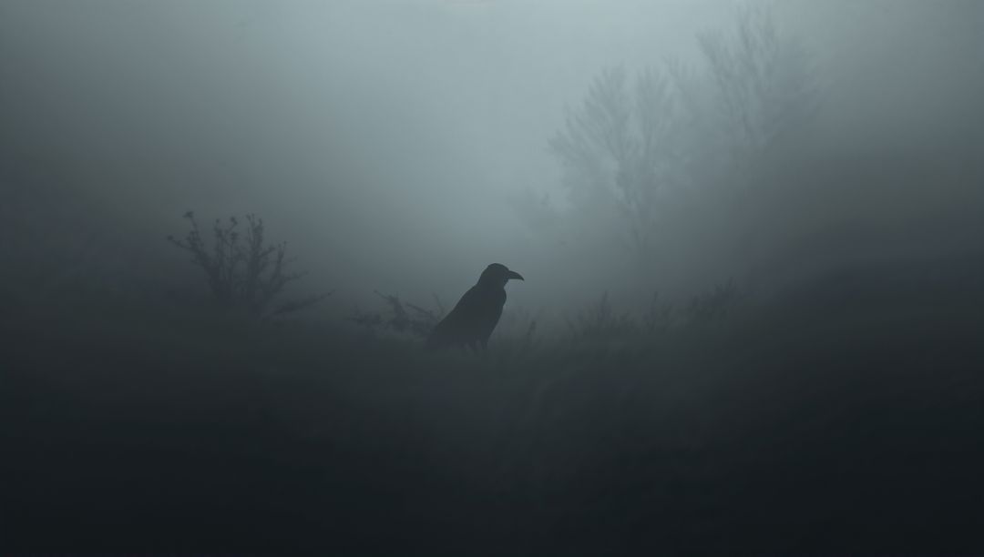 Solitary Crow Perching in Eerie Foggy Environment