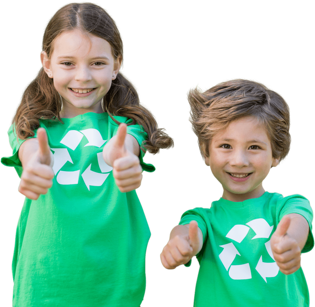 Happy Siblings Promoting Recycling with Thumbs Up Gesture Transparent