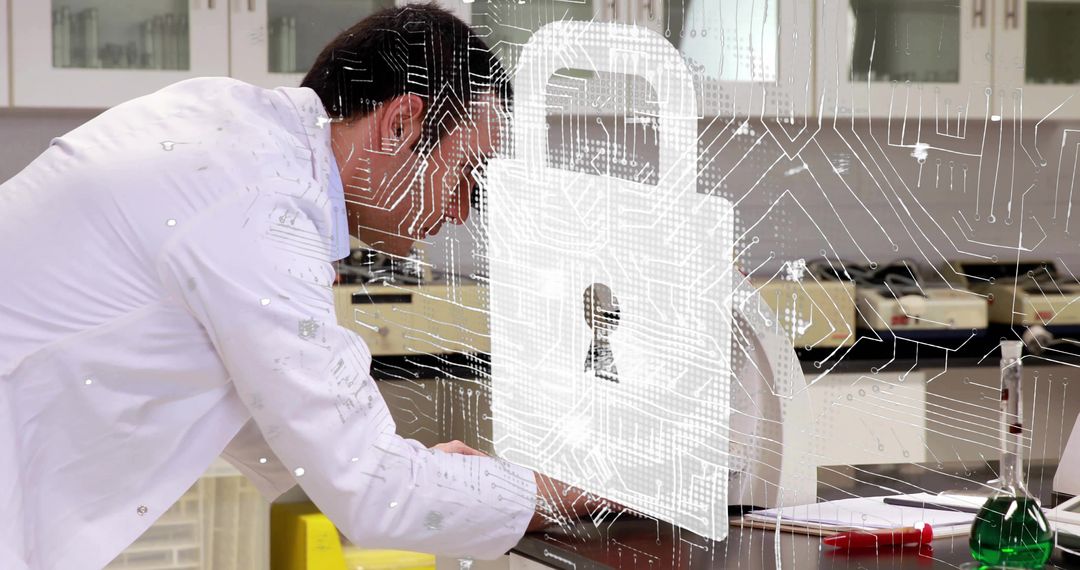 Scientist in Laboratory with Digital Security Overlay