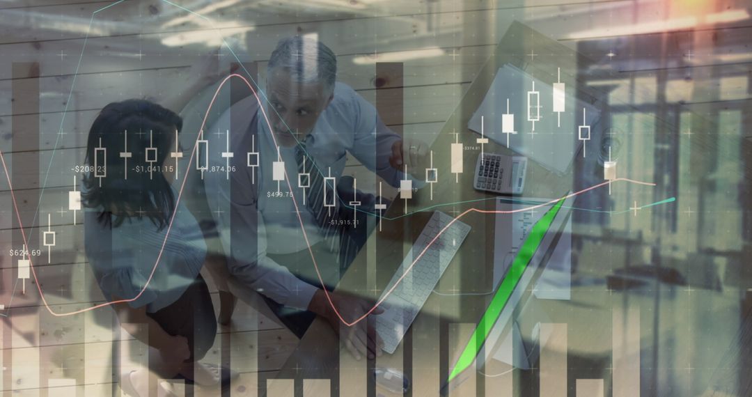 Business Meeting with Financial Data Graphics Overlay