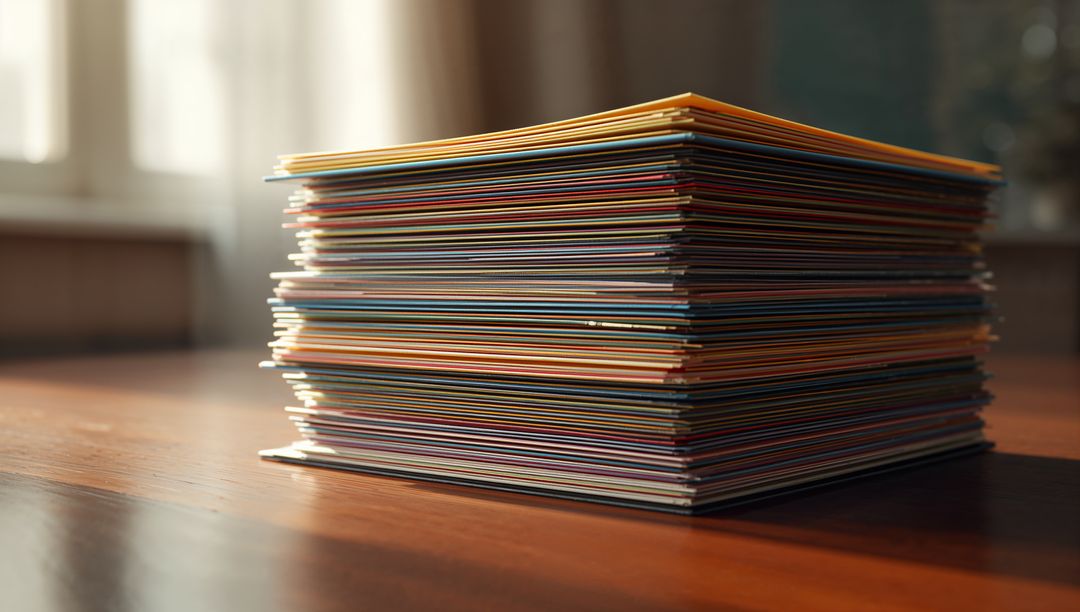 Stack of Vibrant Multicolored Paper Sheets Near Sunny Window