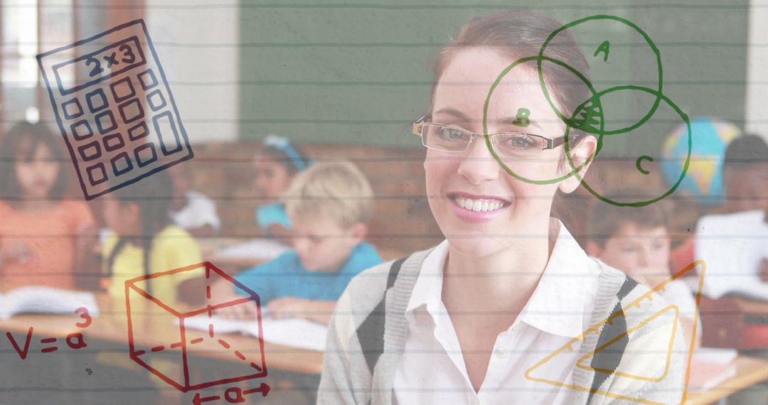 Smiling Teacher with Math Doodles in Classroom