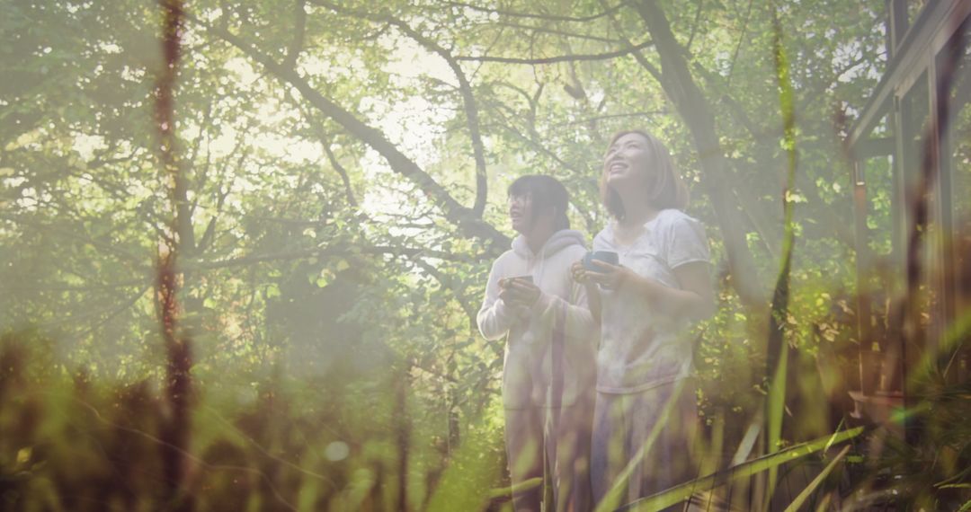 Joyful Women Exploring Forest Amidst Nature Fusion