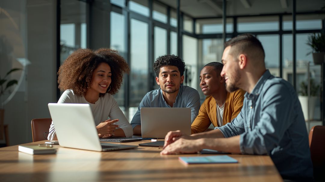 Diverse team collaborating around laptops and tablet in modern glass-walled conference room