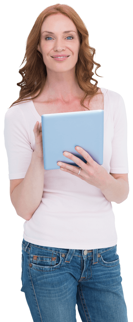 Smiling Redhead Using Tablet in Casual Attire on Transparent Background
