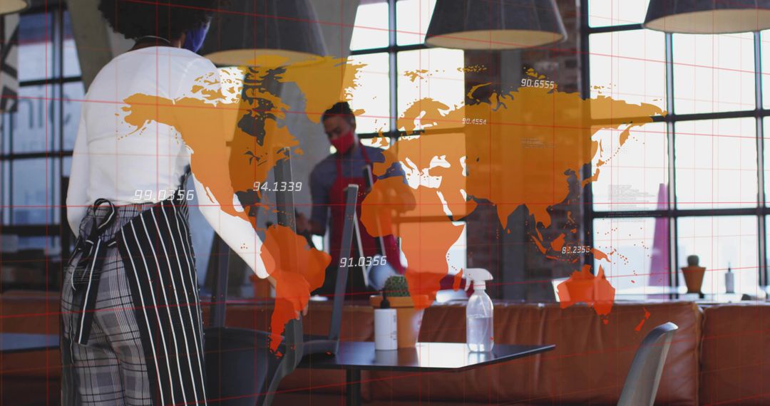 Cafe Cleaner Wiping Table with World Map Data Overlay