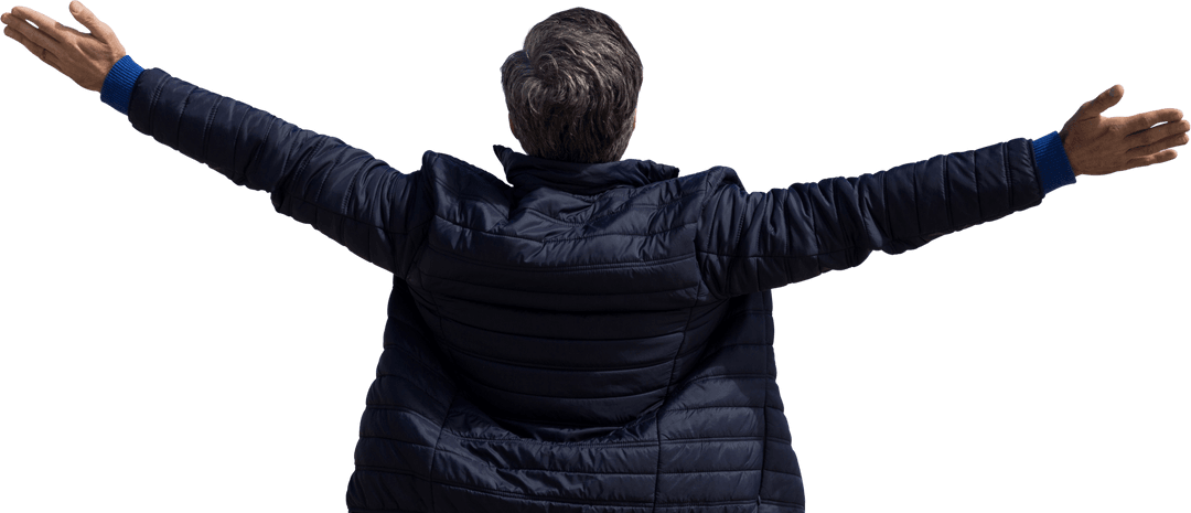 Transparent View of Man Stretching Arms Out in Outdoors Jacket