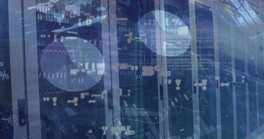 Digital Overlays on Data Center Server Racks Illustrating Cybersecurity