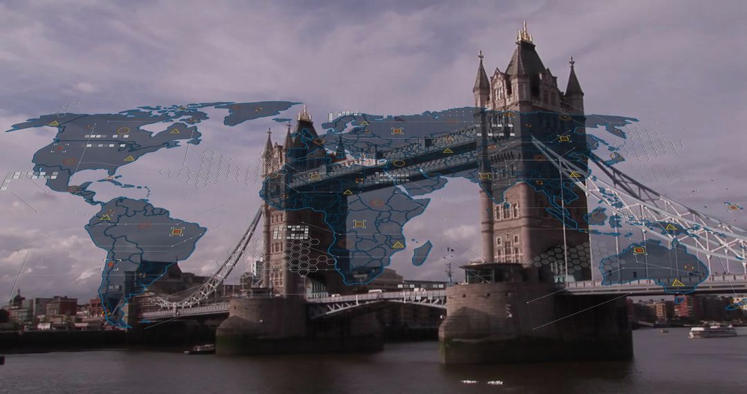 Futuristic Digital World Map Overlay on London's Tower Bridge