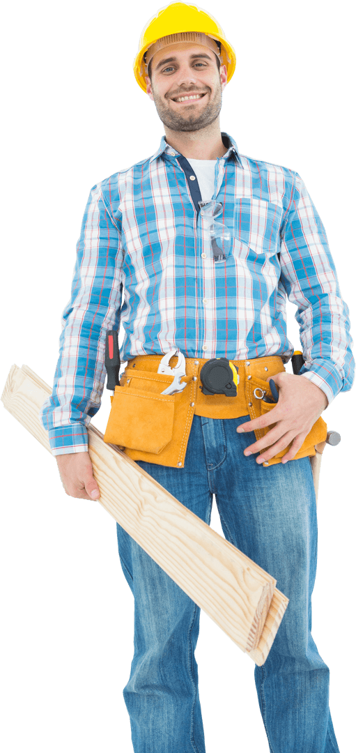 Smiling Construction Worker Holding Wooden Planks with Transparent Background