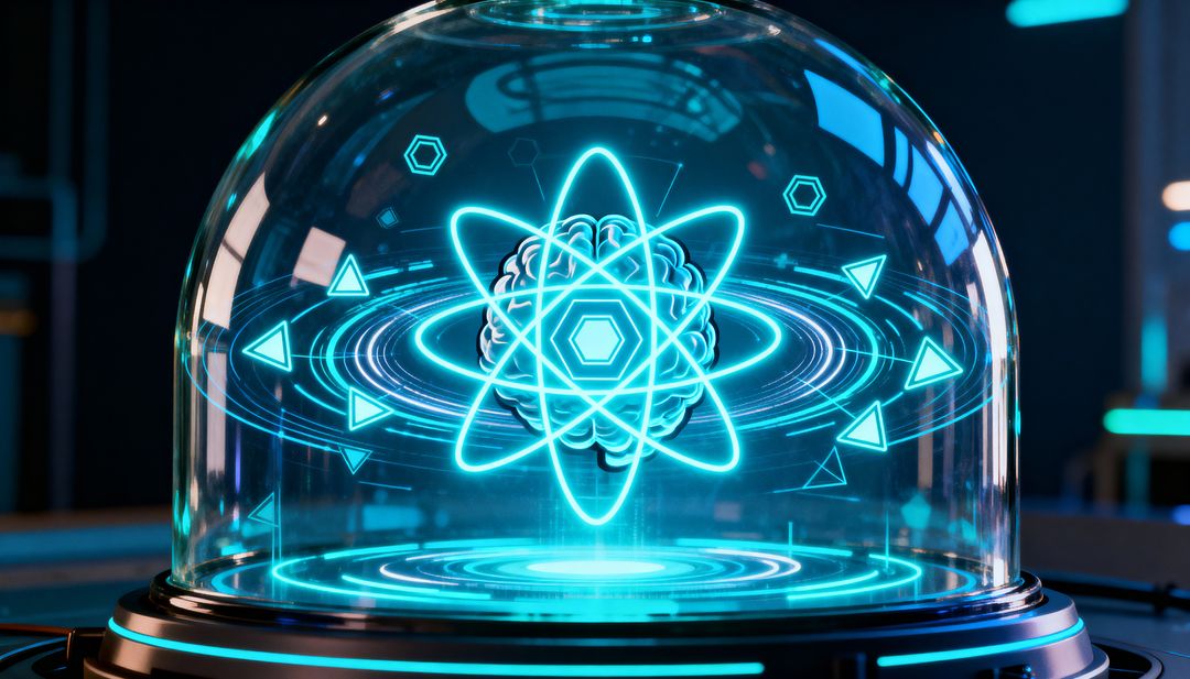 Projecting Cyan Holographic Atomic Core Under Glass Cloche on LED Base