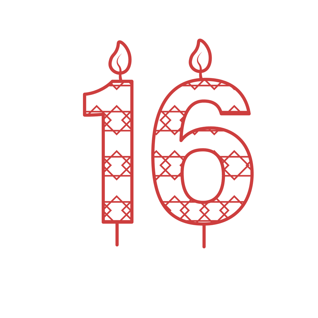 Red Patterned Number 16 Birthday Candle on Transparent Background