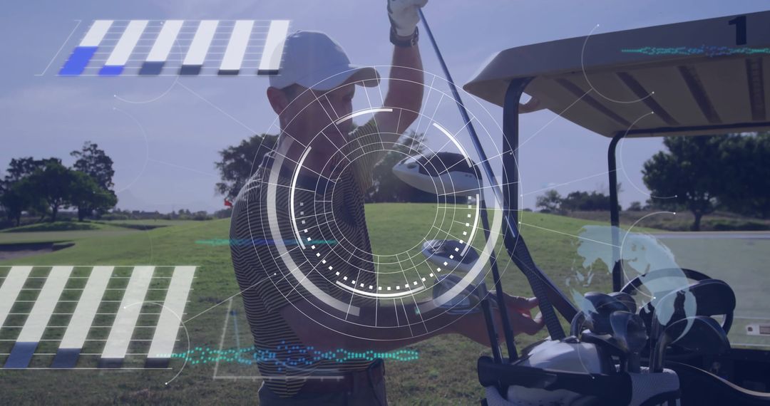 Golfer Retrieving Club with Futuristic HUD Elements