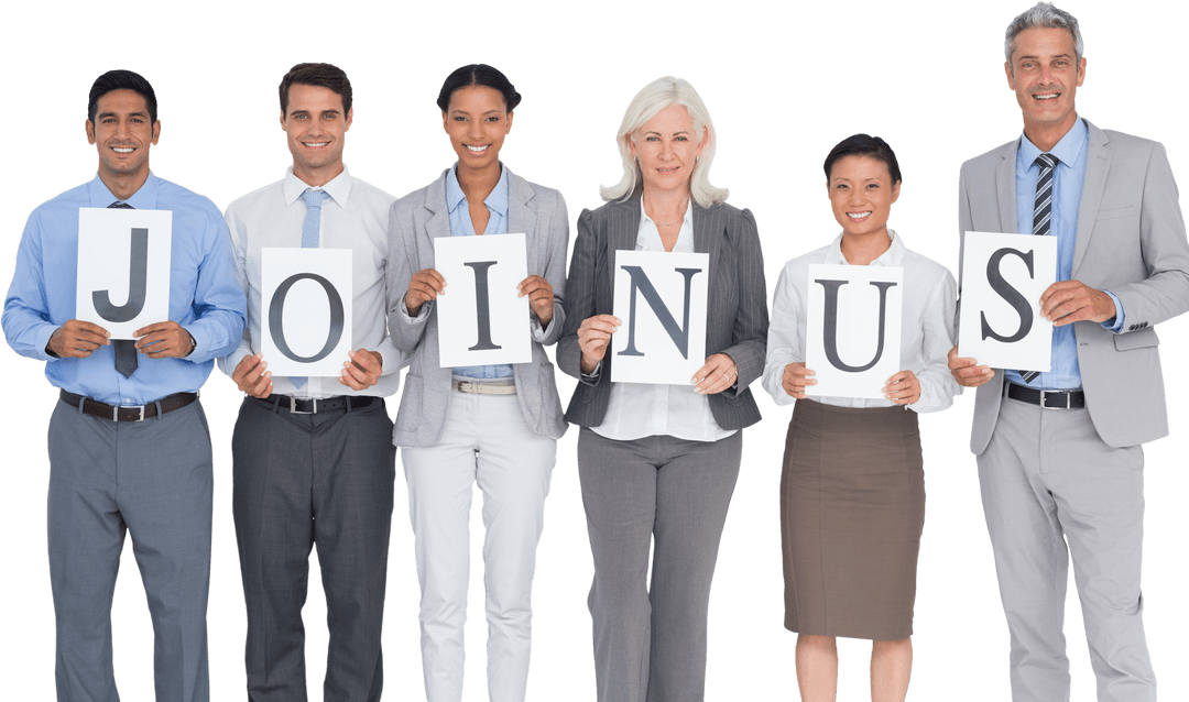 Diverse Team Holding Transparent Join Us Sign