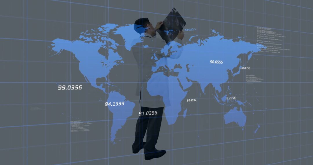 Businessman Analyzing Global Data Visualization with Numerical Overlays