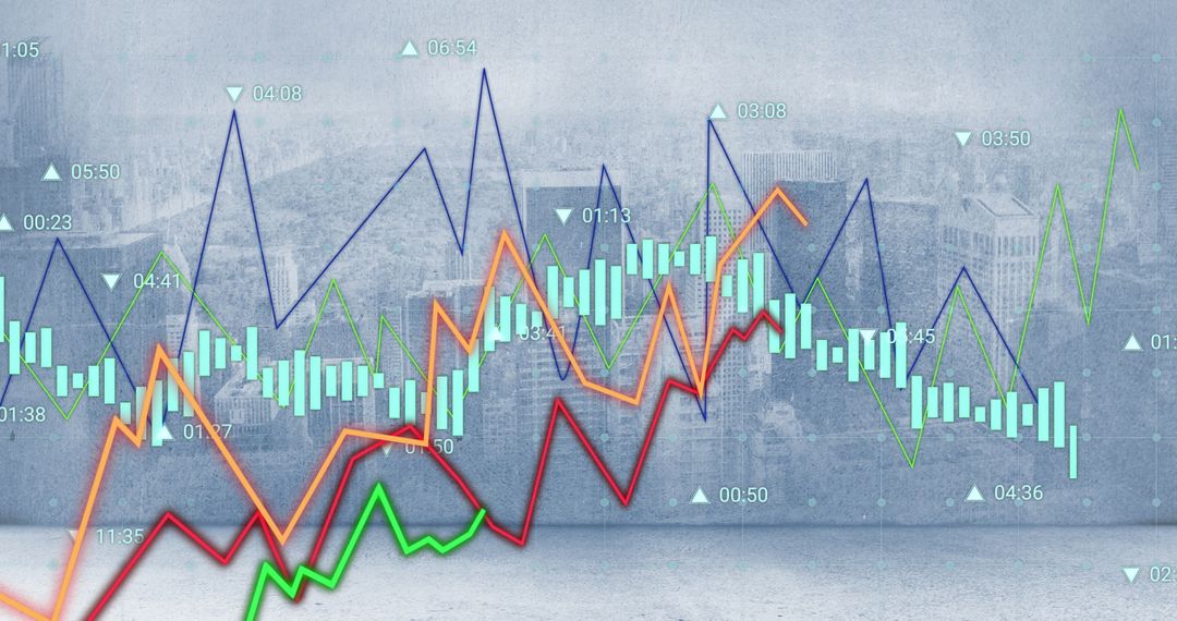 Abstract Financial Graphs and Data Over Cityscape