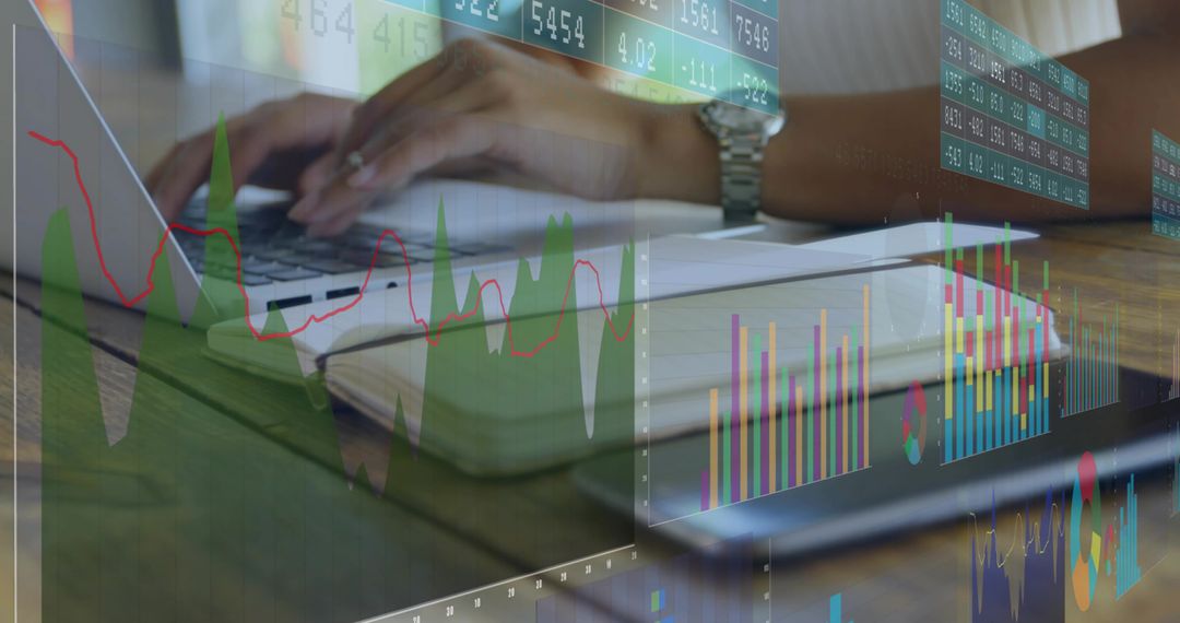 Woman typing on laptop with financial analytics overlay charts, graphs, dashboards and data