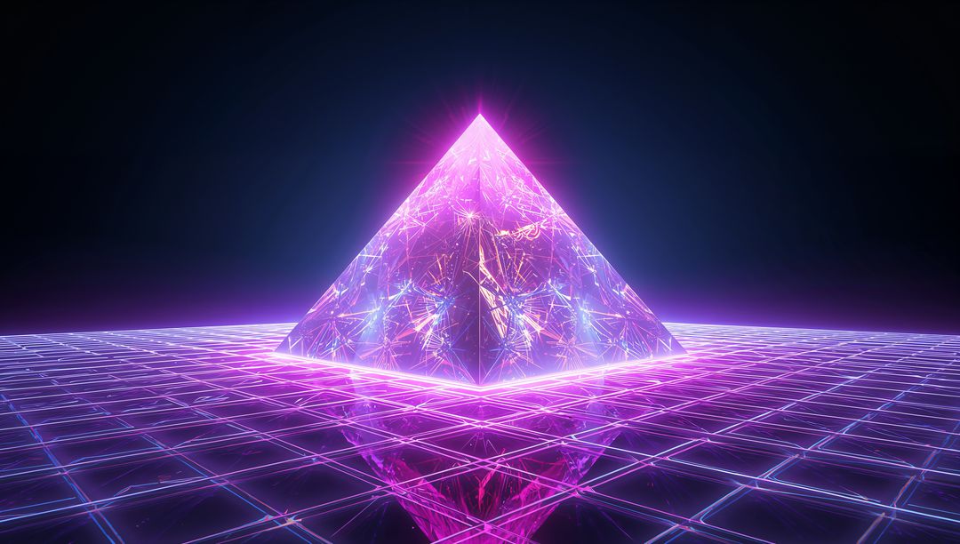 Glowing Neon Pyramid on Reflective Grid Emitting Cyan and Magenta Vaporwave Sparks