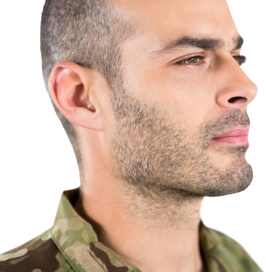 Close Up of Thoughtful Soldier in Camouflage Uniform on Transparent Background - Download Free Stock Images Pikwizard.com