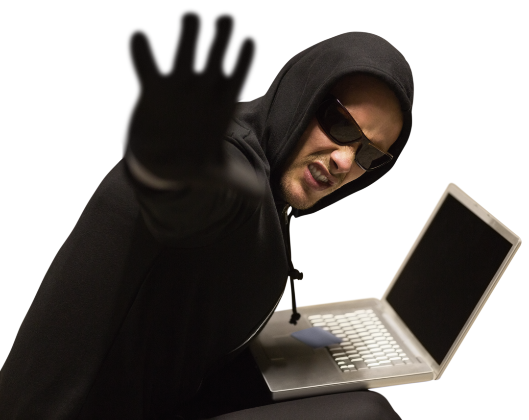 Transparent Hacker in Hood with Laptop Gesturing Frantically - Download Free Stock Images Pikwizard.com