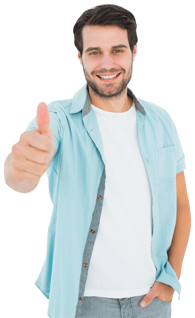 Cheerful Casual Man Giving a Transparent Thumbs Up Gesture