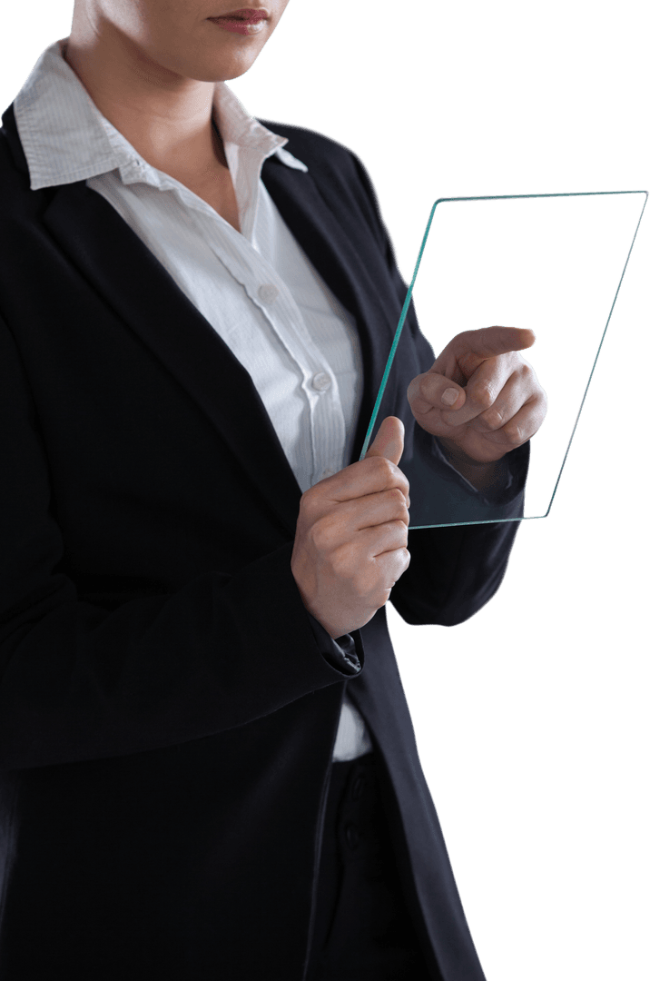 Businesswoman Interacting with Transparent Touchscreen Consultant Uniform Modern