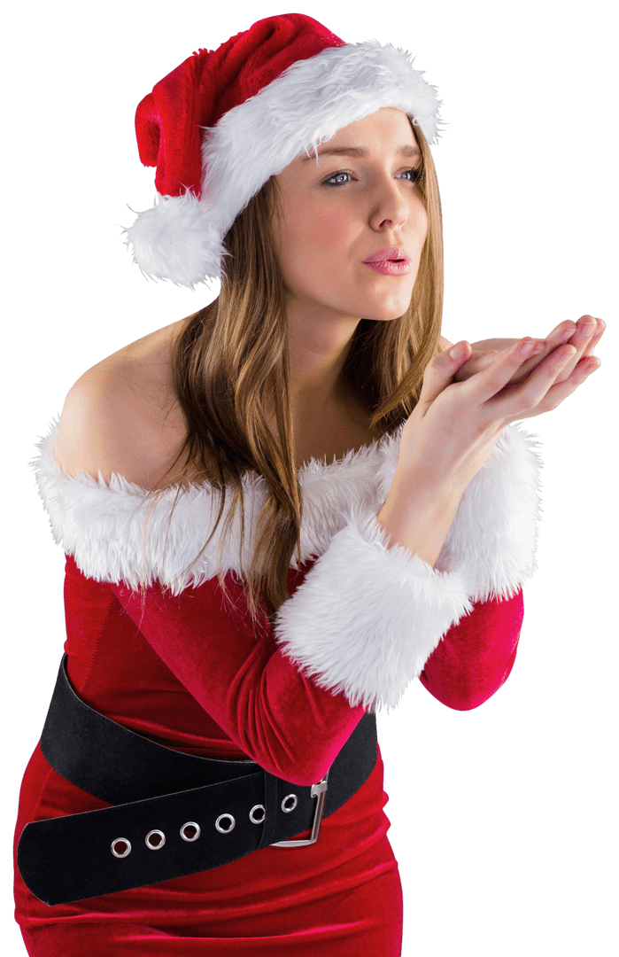Woman Dressed as Santa Blowing Kiss on Transparent Background