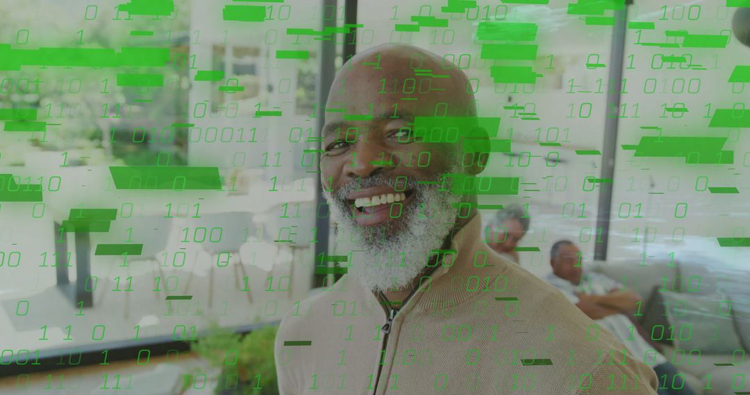 Senior Man in Modern Living Room with Digital Binary Overlay
