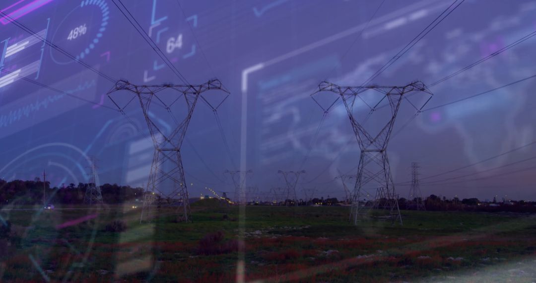 Futuristic Power Lines with Digital Overlay During Dusk
