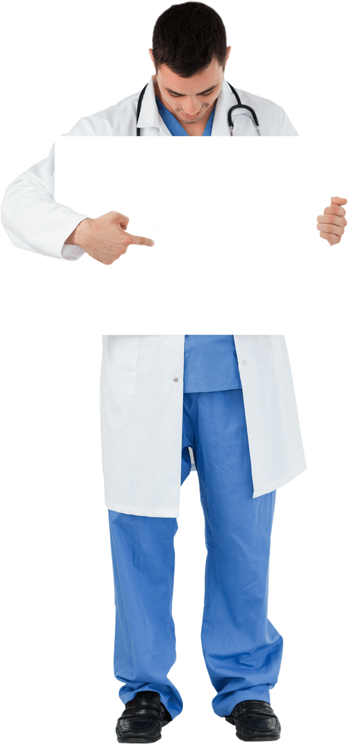 Transparent Background Doctor in Scrubs Holding Blank Card
