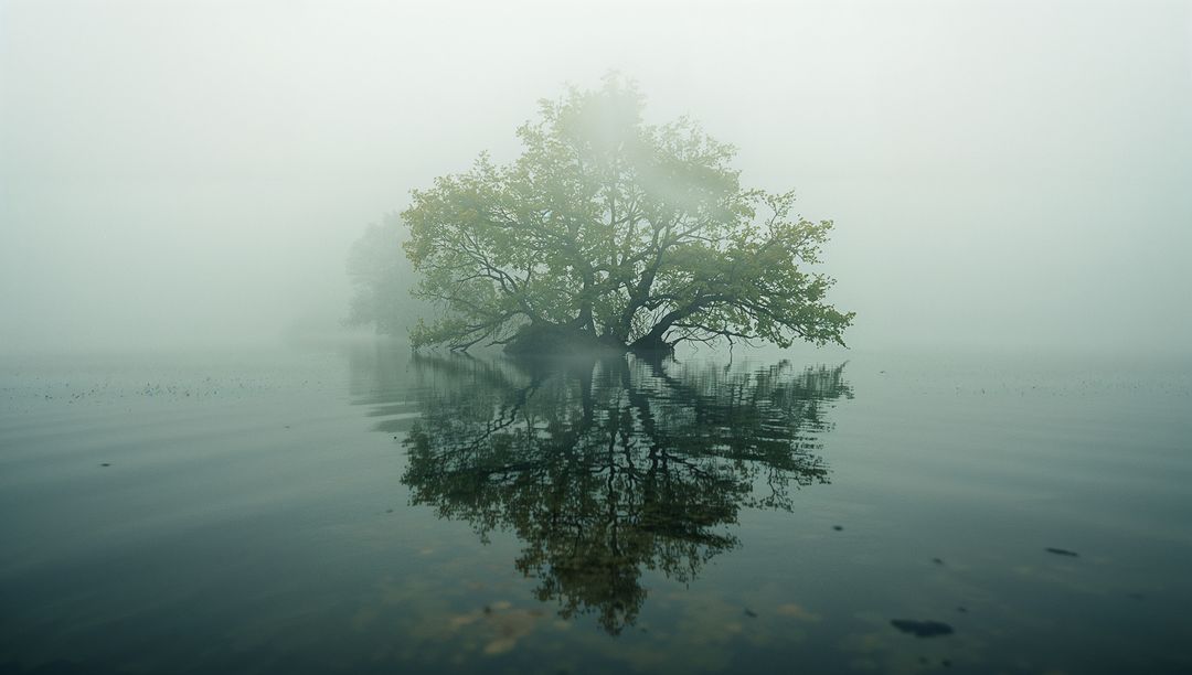 Solitary Tree in Mist Reflecting on Serene Lake Water