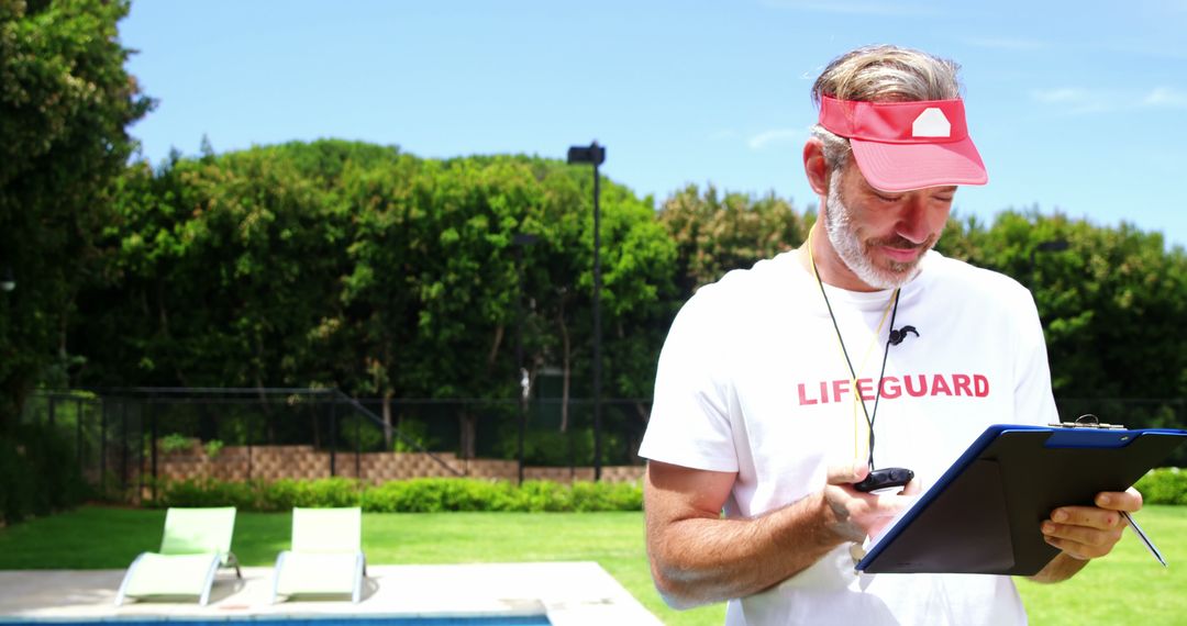 Middle-Aged Male Lifeguard Standing by Pool Holding Clipboard Outside - Free Images, Stock Photos and Pictures on Pikwizard.com