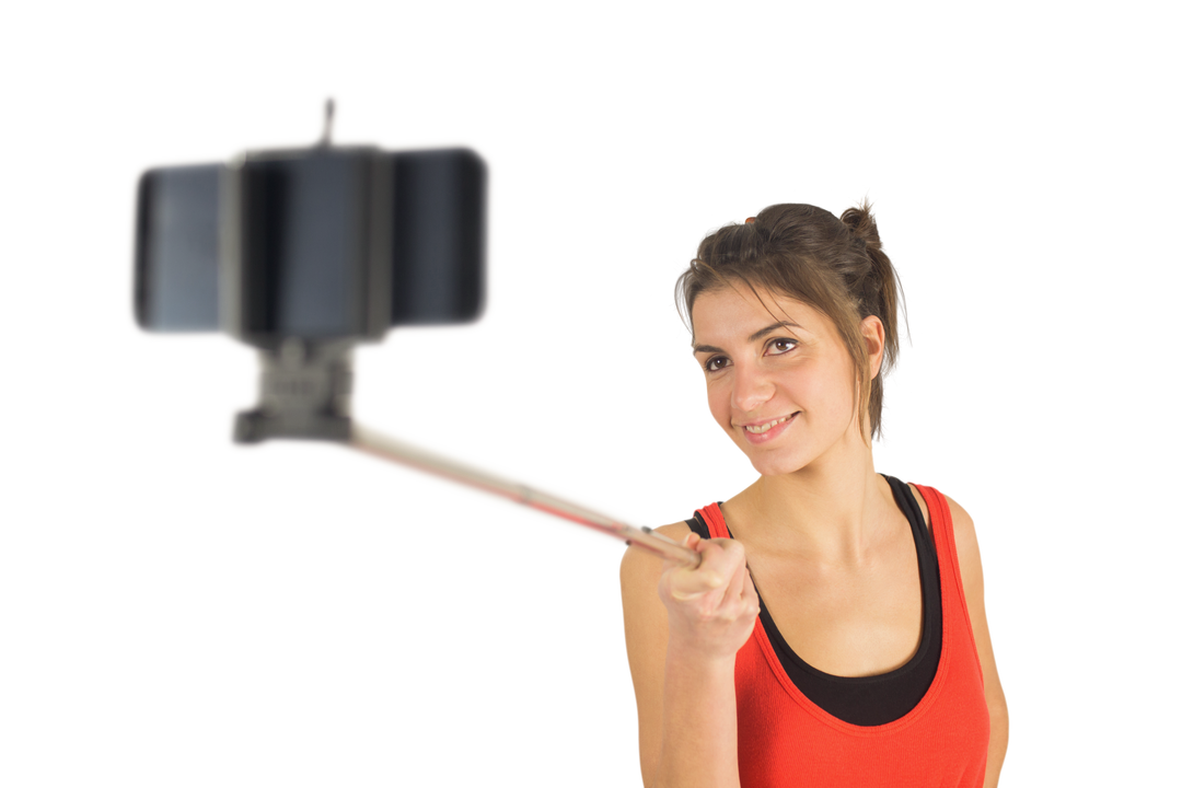 Happy Woman Using Selfie Stick with Transparent Background - Download Free Stock Images Pikwizard.com