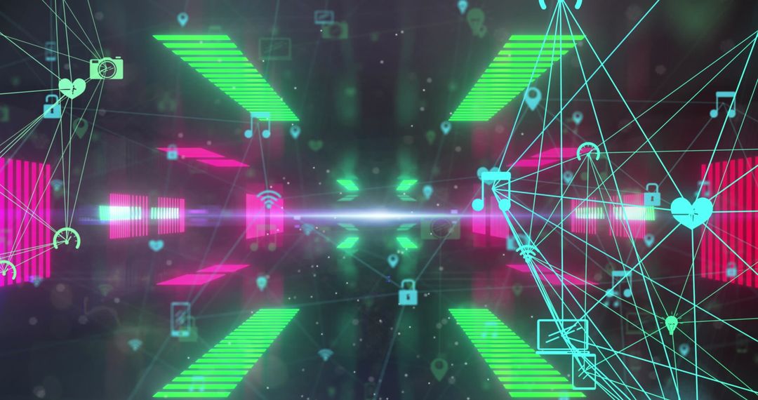 Digital Icons and Neon Tunnel Creating Futuristic Network
