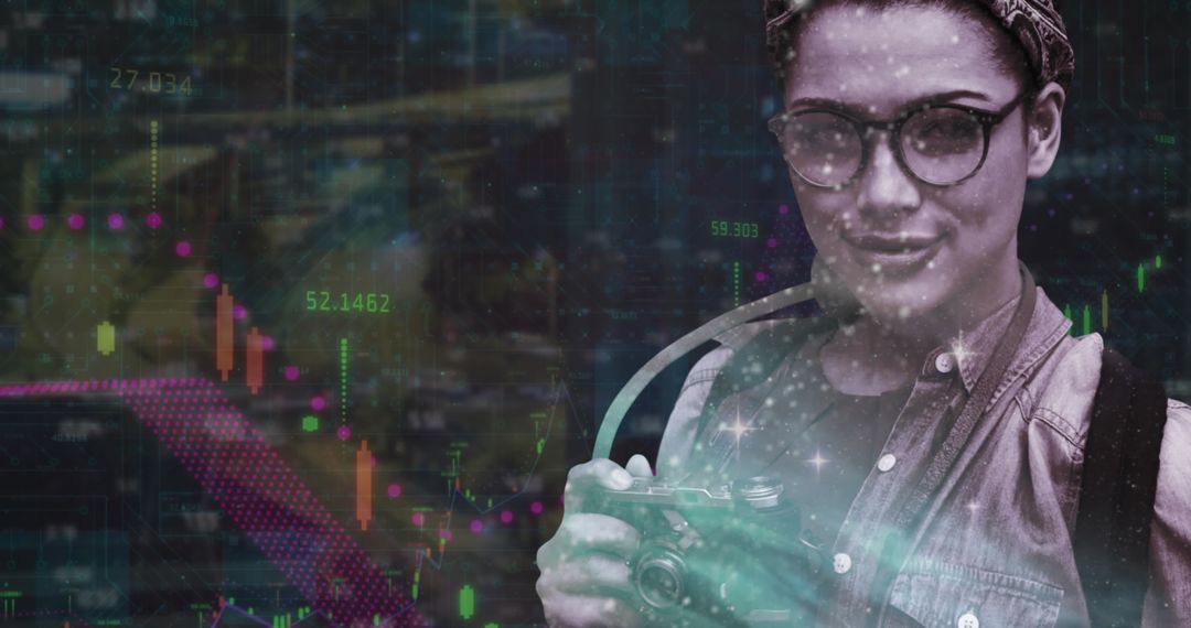 Contemplative Photographer Amid Digital Data and Business Analysis