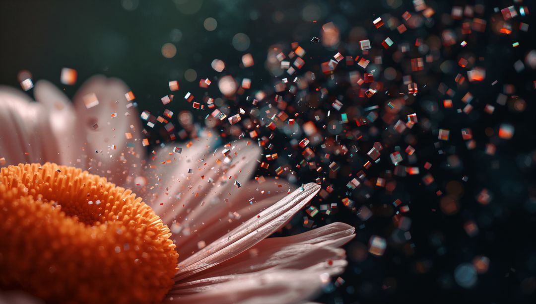Daisy Blossom Releasing Glittering Cube Particles Macro with Moody Bokeh and Orange Disk