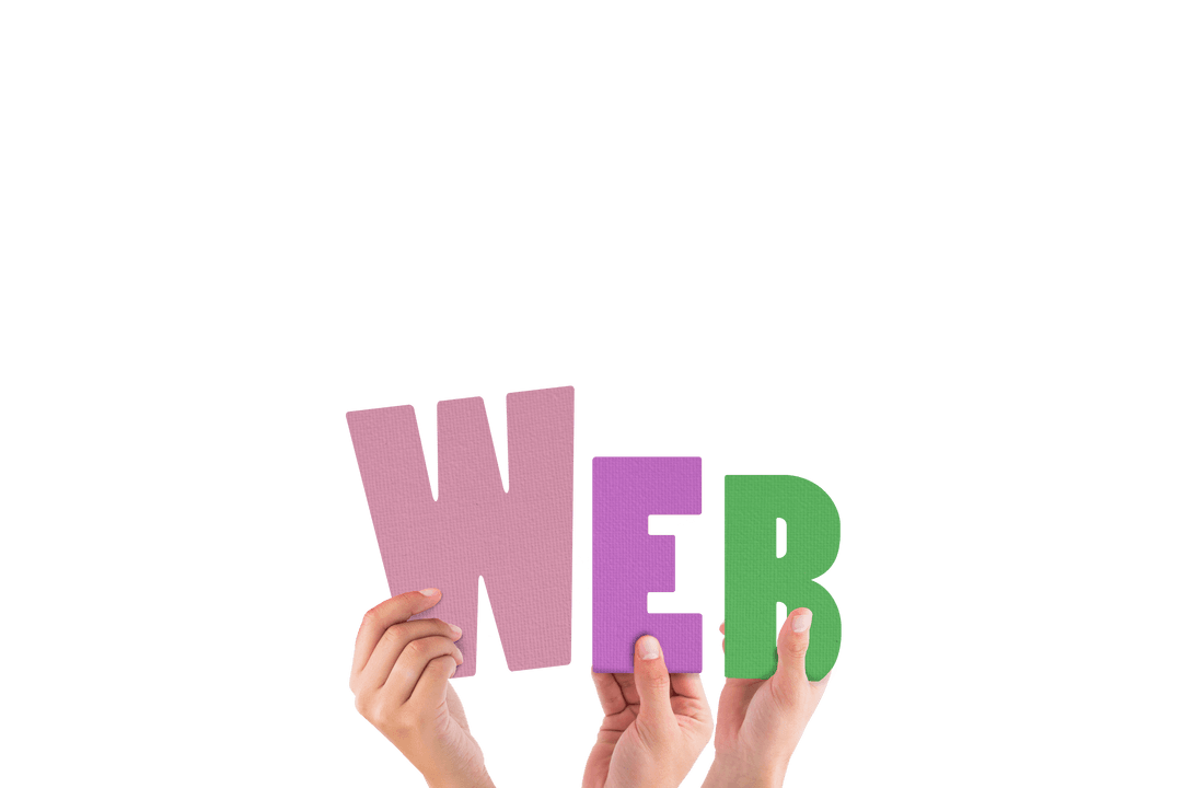 Transparent Web Text Held by Diverse Hands with Colorful Letters