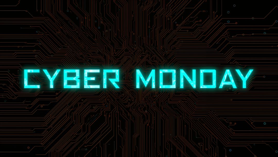 Glowing Cyber Monday Neon Circuitry Banner with Futuristic Turquoise Text